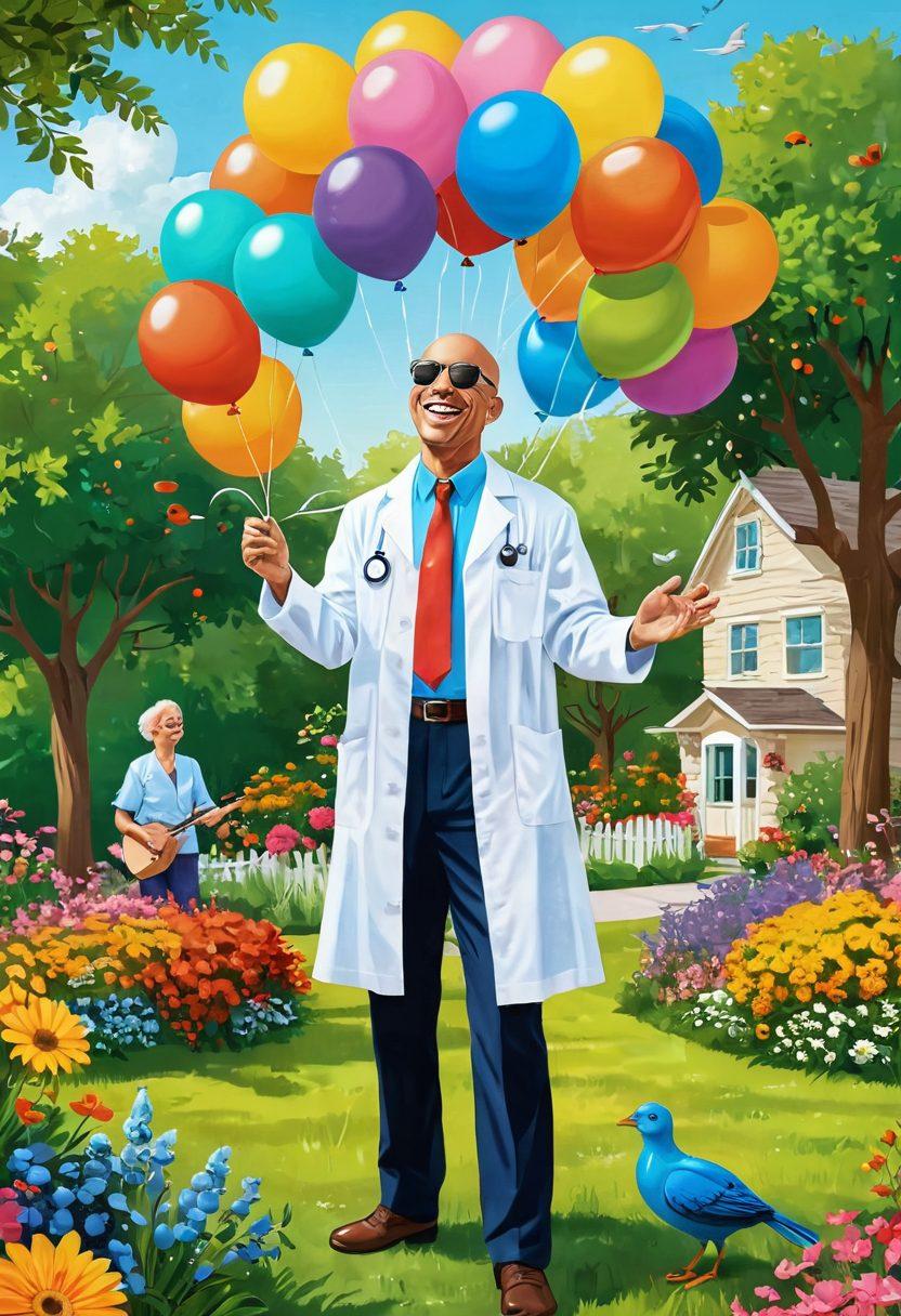 A whimsical cartoon illustration showcasing a cheerful oncologist juggling colorful tumor-shaped balloons in a colorful garden filled with laughter-inspired flowers. In the background, smiling patients are enjoying a picnic, connecting with humor and hope. Integrate playful elements like a sun wearing sunglasses and birds wearing tiny doctor hats. vibrant colors. cartoon style.