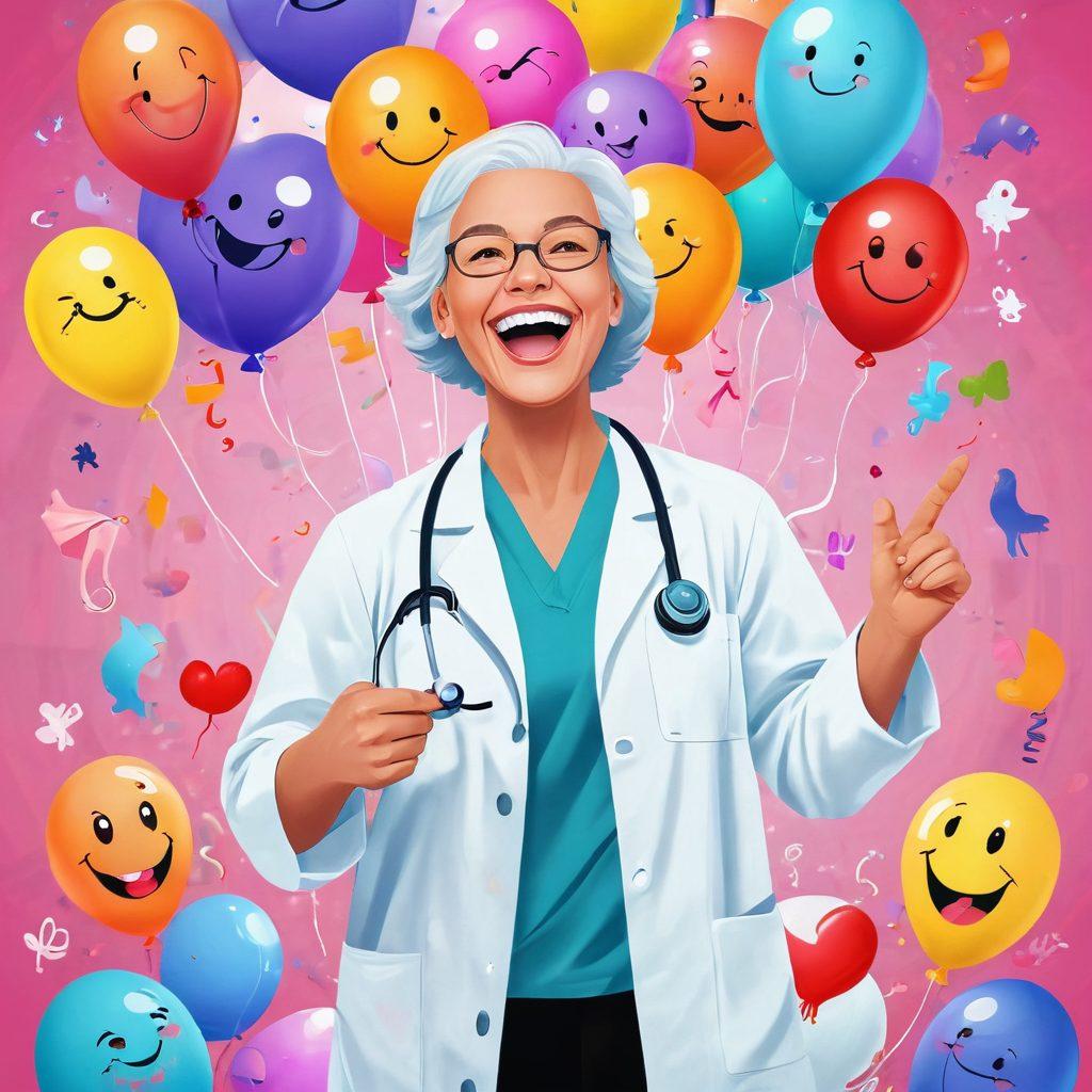 A whimsical cartoon-style illustration featuring a cheerful doctor with a large, infectious smile, surrounded by colorful balloons and humorous cancer awareness symbols like a laughing pink ribbon. In the background, there are playful characters engaging in laughter therapy and group activities promoting positivity. The overall vibe is lighthearted and uplifting, inviting viewers to see cancer awareness in a comical yet respectful light. vibrant colors. cartoon style. playful elements.