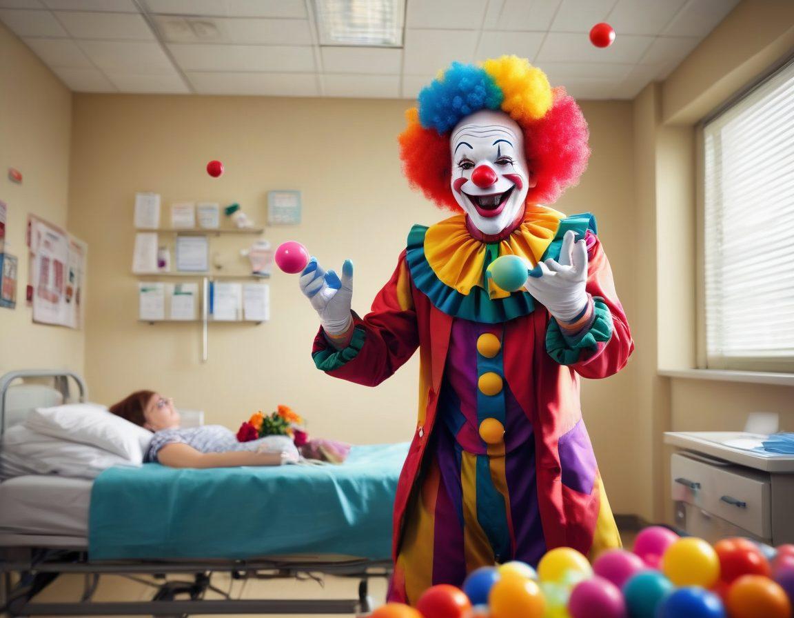 A cheerful clown juggling colorful balls in a hospital room filled with bright flowers, depicting a juxtaposition of comedy and hope. Emphasize warm lighting that creates a welcoming atmosphere, with patients laughing in the background, showcasing the healing power of humor. Incorporate elements of medical symbols like stethoscopes and heart monitors subtly blended into the scene. cartoon style. vibrant colors. lighthearted mood.